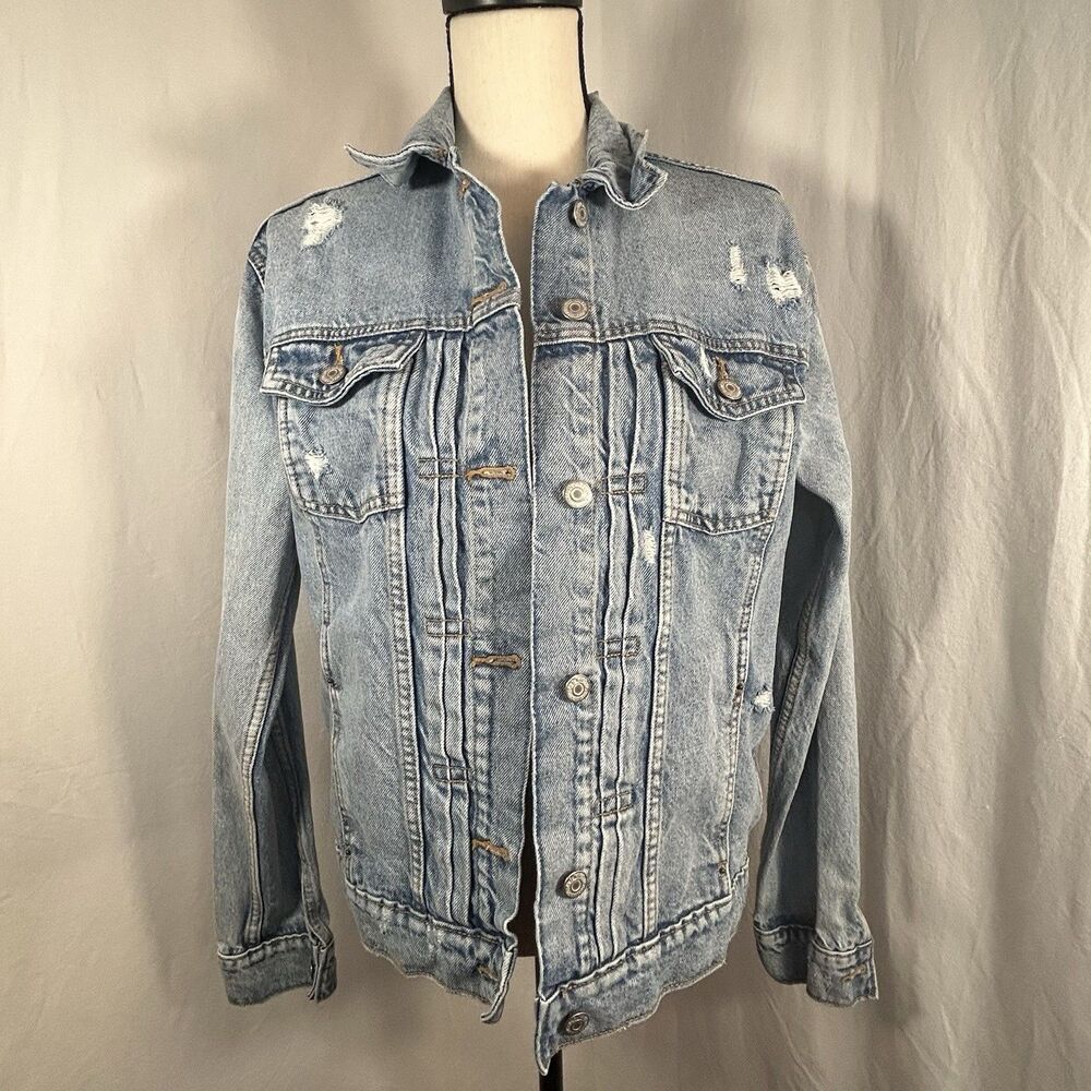 Old Navy Denim Jean Jacket Blue Distressed Cotton Trucker Western Women Med Tall - Picture 3 of 16